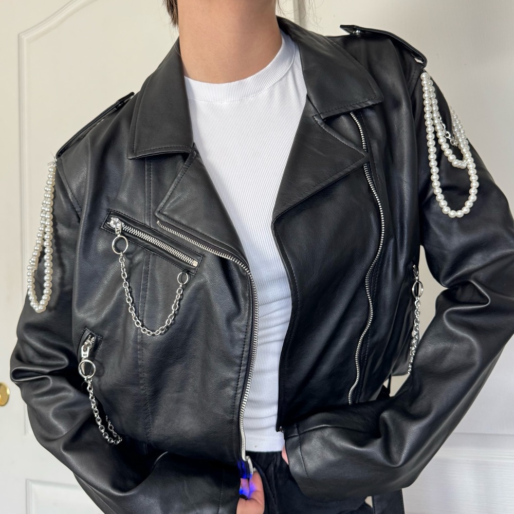 Forever 21 Black Leather Jacket with Chain and Pearl Accents